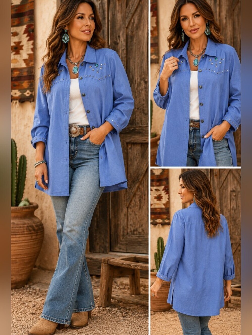 NWOT Denim&Co SouthWestern Style Linen Blend Turquoise and Stud detail Shacket